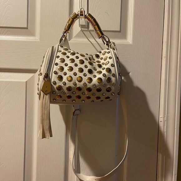 Off white small barrel Satchel/crossbody bag rose gold studs & jewels accents - Picture 10 of 16